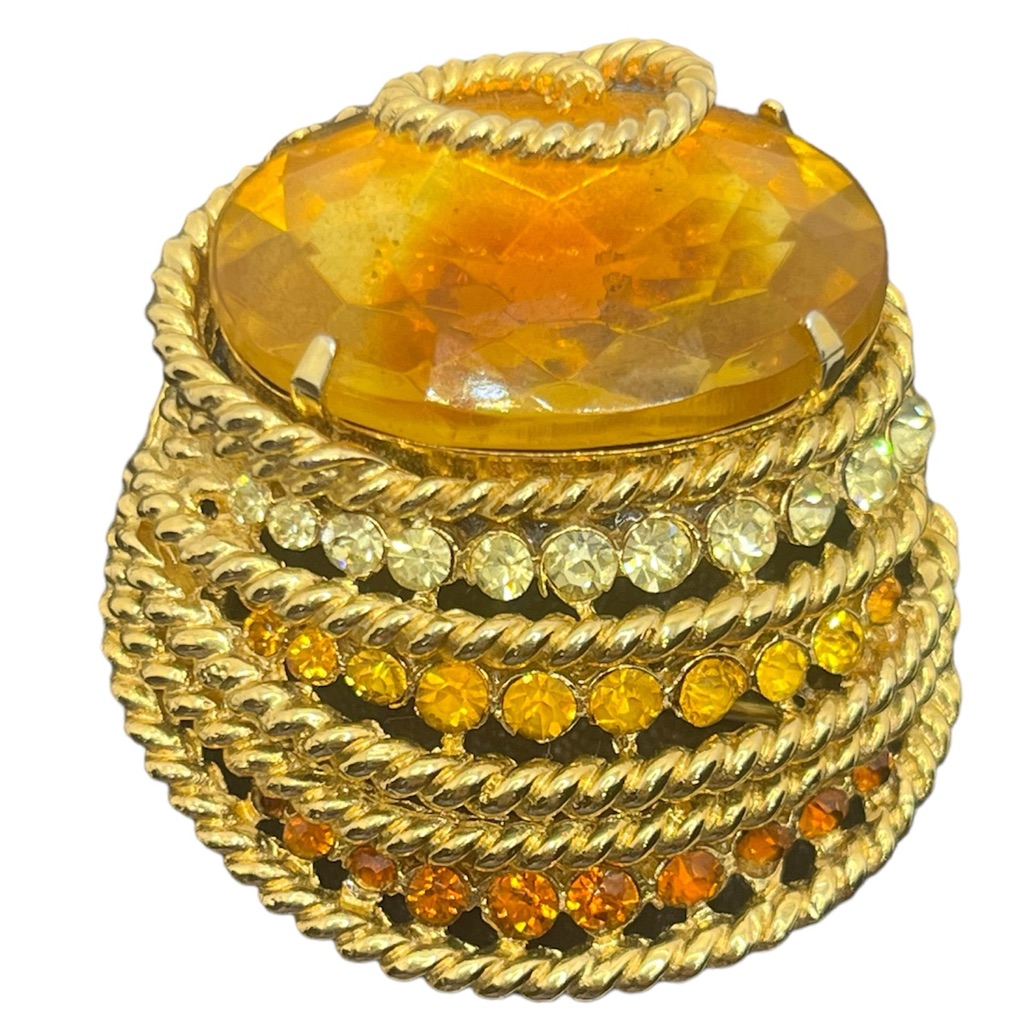 Corocraft Signed Vintage Gold Tone Amber Colored Rhinestone Brooch Pin Swirl 89$
